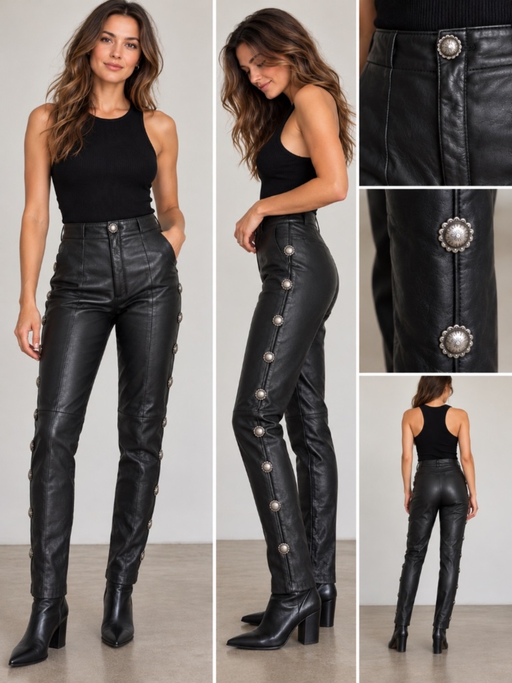 VTG Michael Hoban North Beach Leather Black Pants Silver Concho Medallion 5/6 XS